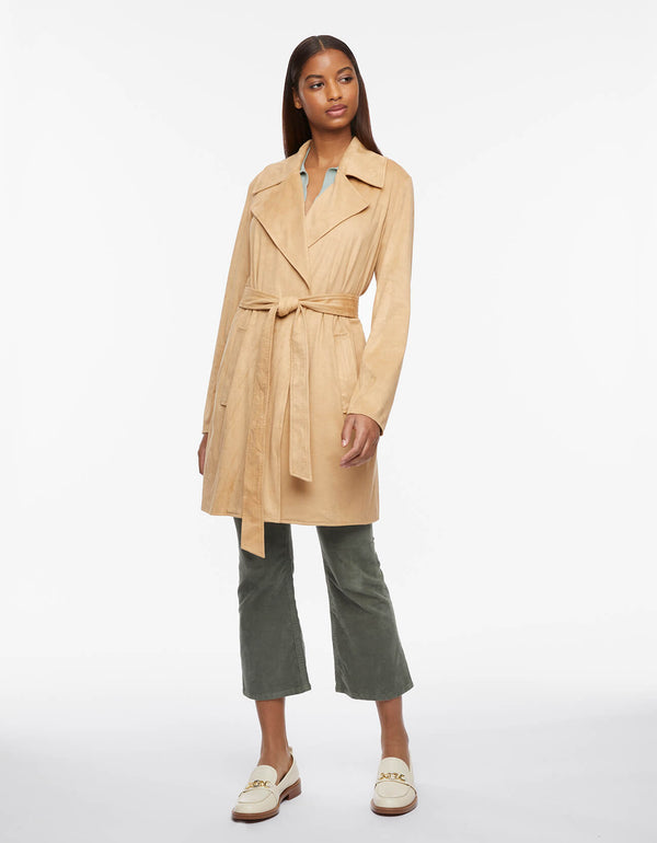 stretchable wrap jacket with belt in light tan vegan suede