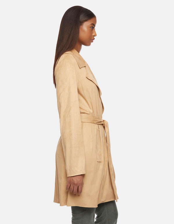 light brown wrap jacket for women with belt in vegan suede and trench style