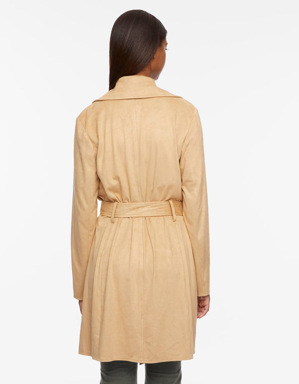 lightweight mid length light brown womens spring jacket with belt in vegan suede mixed with trench style