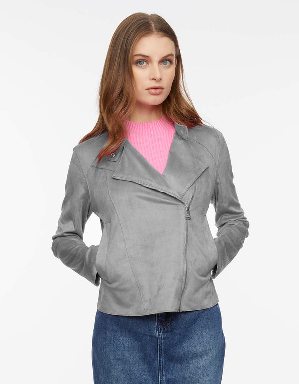 soft vegan suede moto jacket with asymmetrical styling and double snap wide lapel for an edgy womens jacket this spring