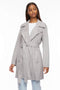 classic fit soft hip length suede wrap jacket in titanium grey with adjustable belt for women