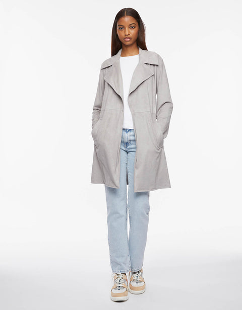 belted suede stretchy wrap jacket in titanium grey with a classic fit and spread collar for women