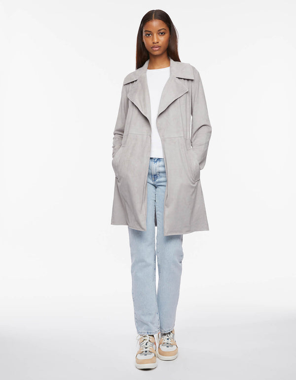 light gray wrap jacket for women with belt in vegan suede and trench style