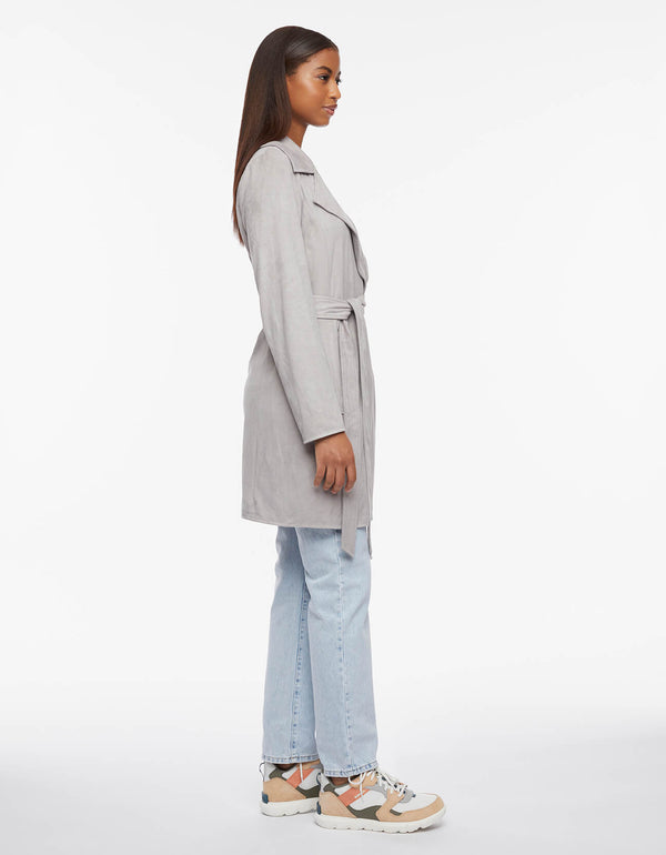 lightweight mid length light gray womens spring jacket with belt in vegan suede mixed with trench style