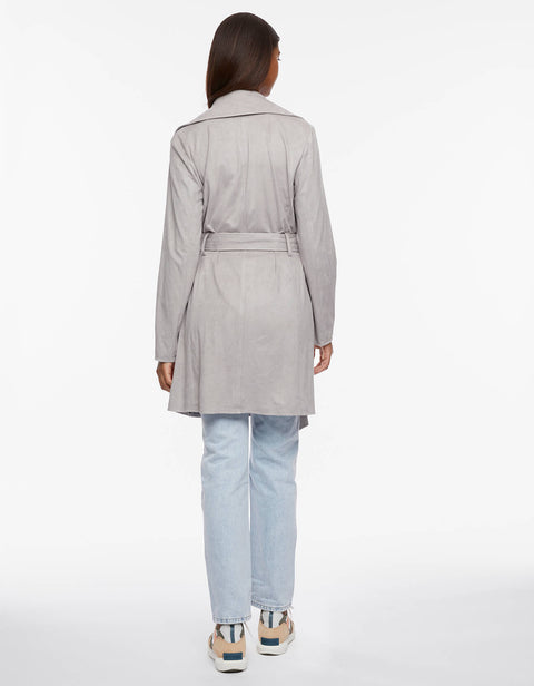 hip length classic fit wrap jacket in titanium grey with belt for women made from vegan suede