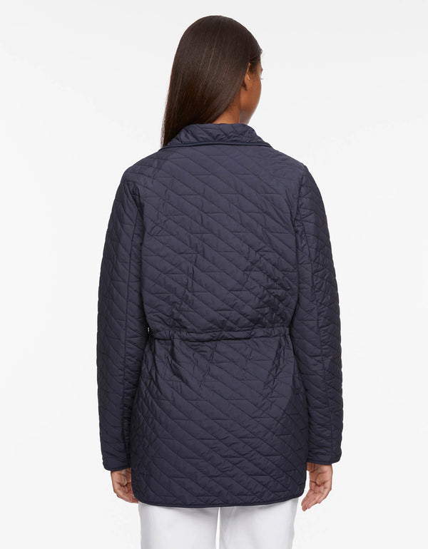 allover quilting in navy lightweight puffer jacket for women crafted with a waistline drawstring and ecofriendly ecoplume filler