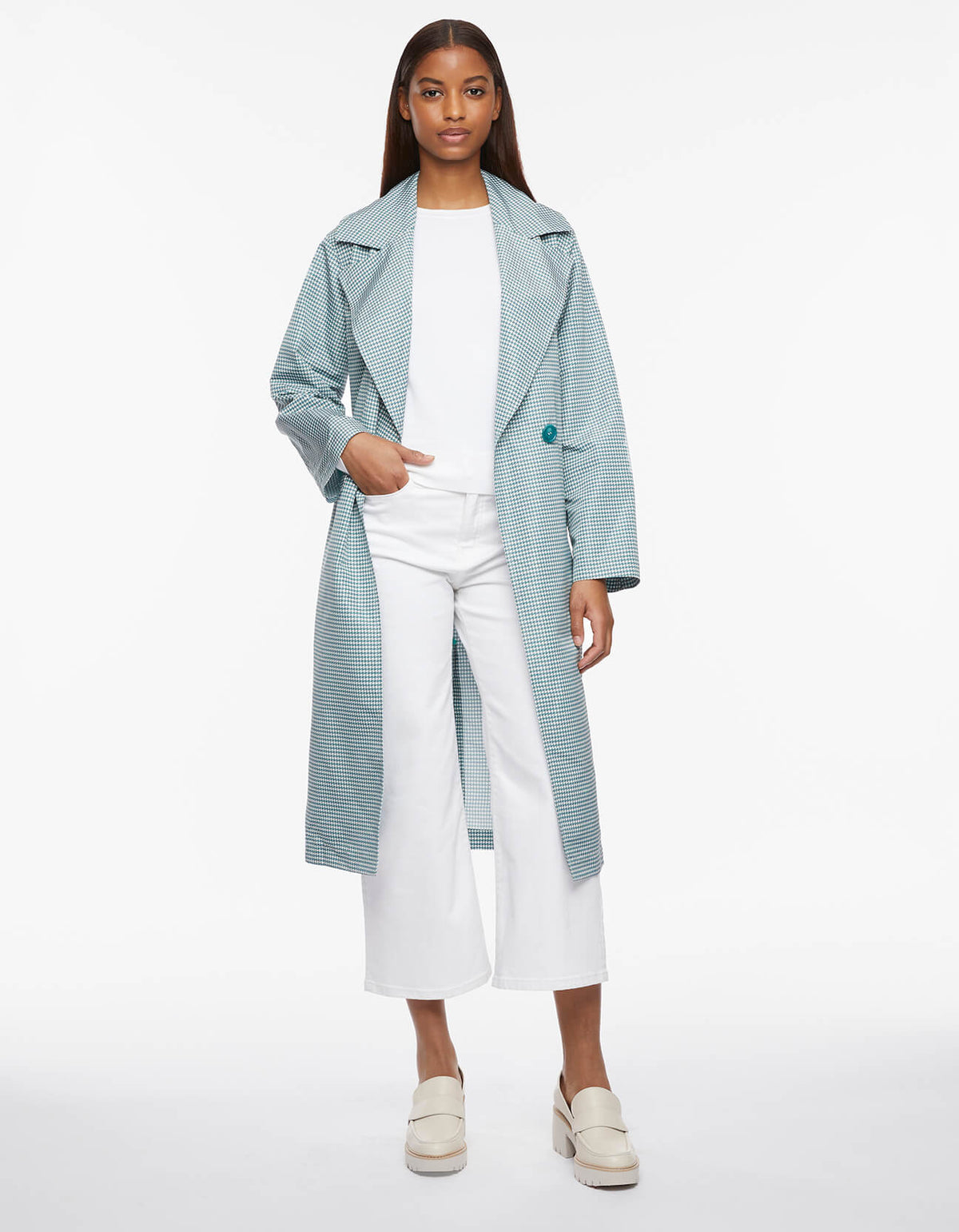 Houndstooth Belted Long Rain Coat
