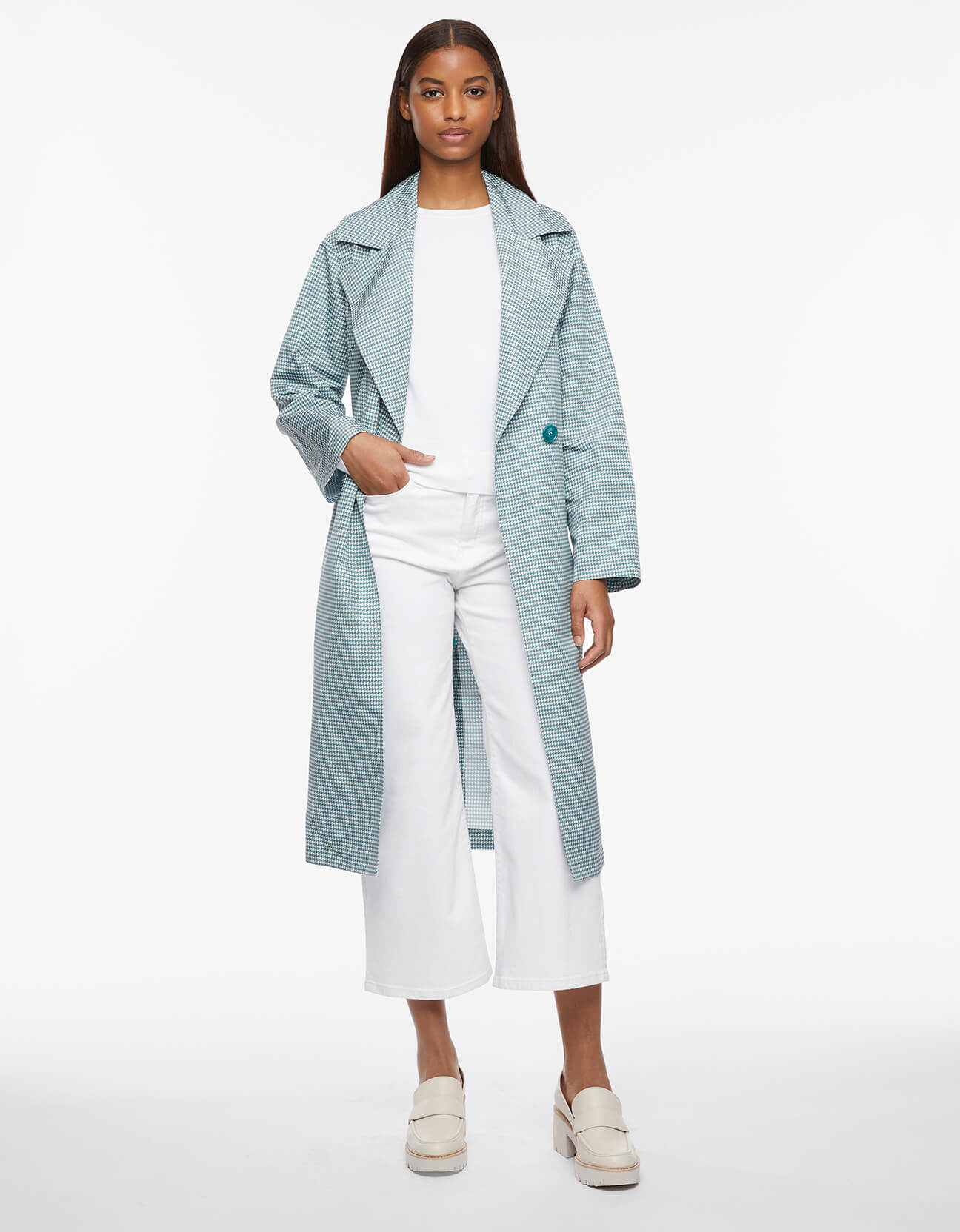 Houndstooth Belted Long Rain Coat - Teal