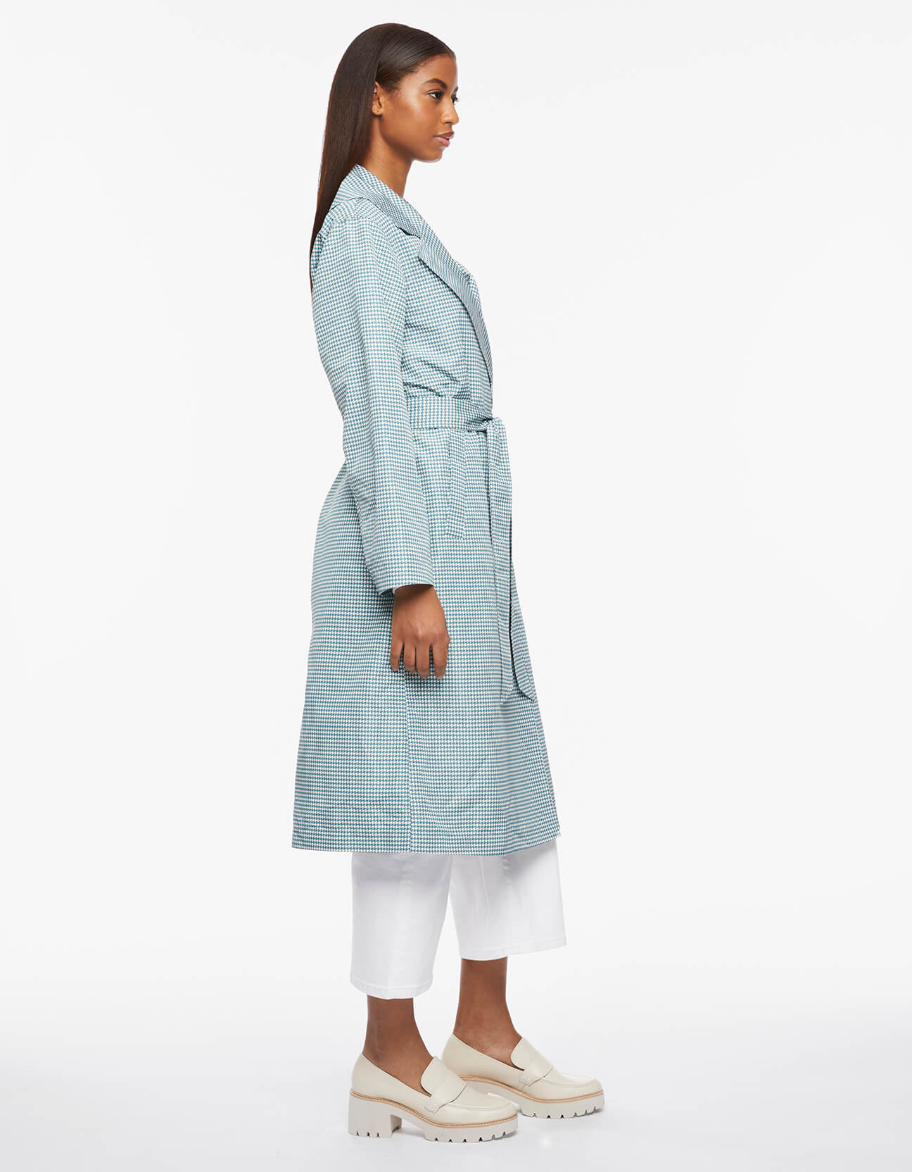 Houndstooth Belted Long Rain Coat - Teal – Bernardo