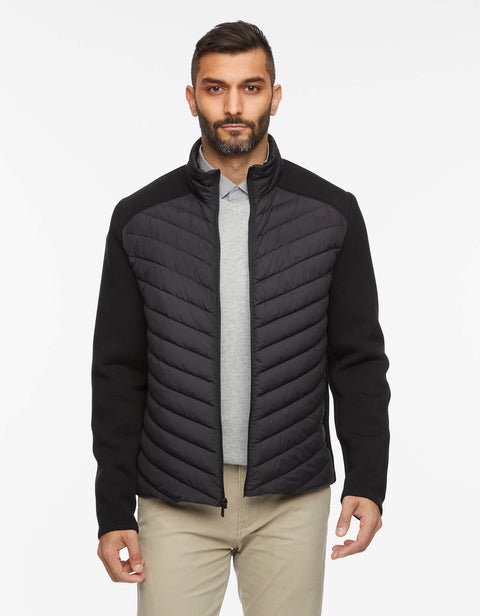black quilted puffer jacket for men with modern mix of fabrics and lightweight layer 