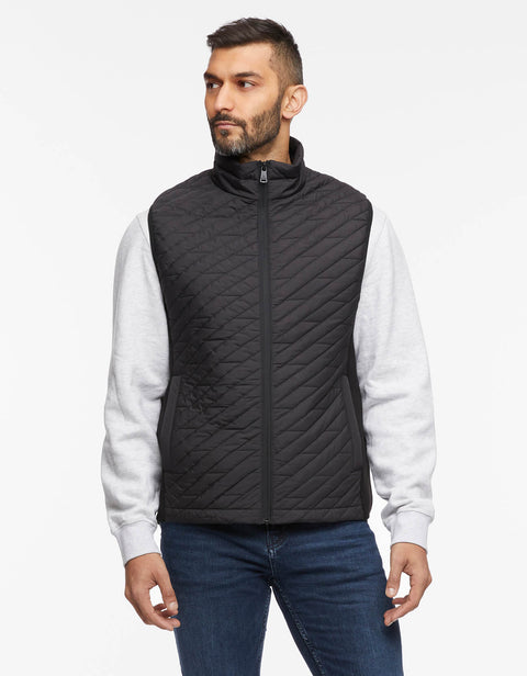 mens puffer vest in black with soft waterproof side panels