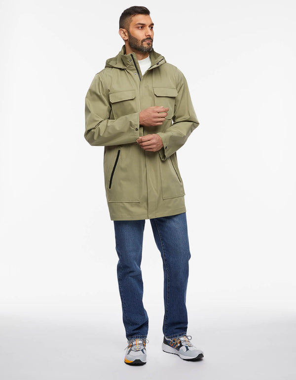 mid length rain jacket for men in earth color olive rust made by affordable clothing brand