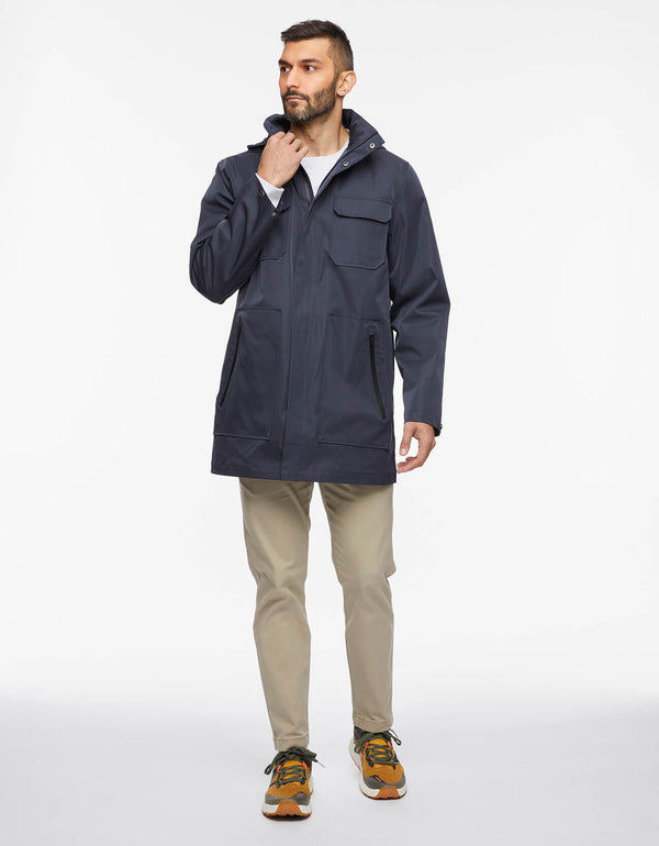 windproof and waterproof blue jacket for men with removable hood in classic fit mid length