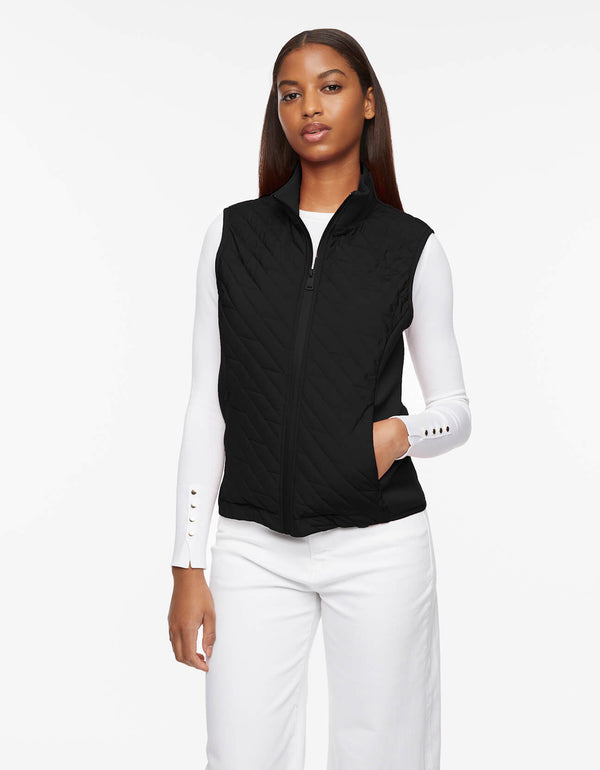 eco friendly quilted puffer vest in black with sustainable filler for insulation that is washer and dryer safe