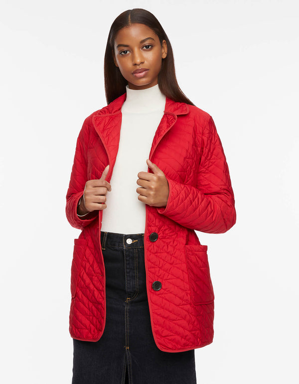 mid length womens light quilted jacket in poppy red with patch pockets and a trio of buttons as outerwear for women