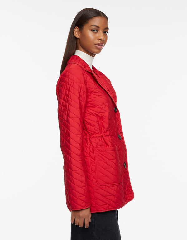 midlength womens poppy red jacket crafted from recycled material which gives non bulky look