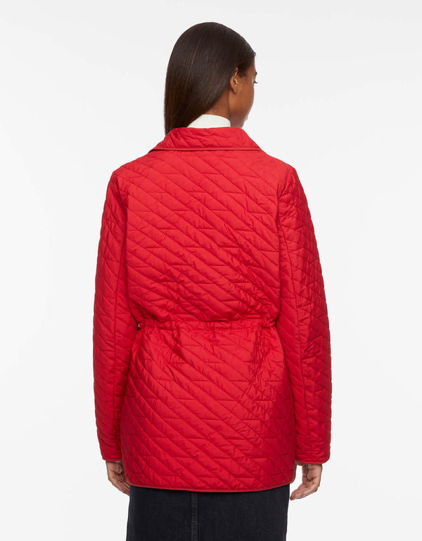 womens red quilted puffer jacket with inner drawstring waist for streamlined look during spring season