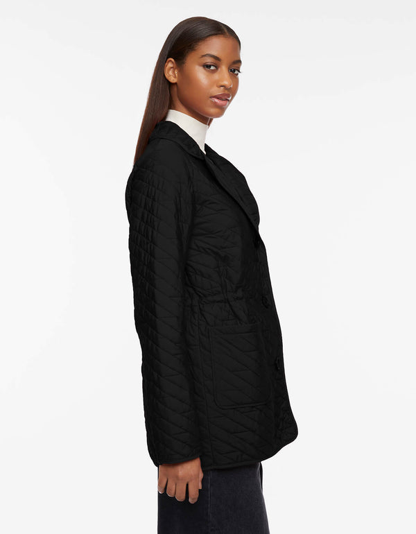 midlength womens black jacket crafted from recycled material which gives non bulky look for eco conscious women